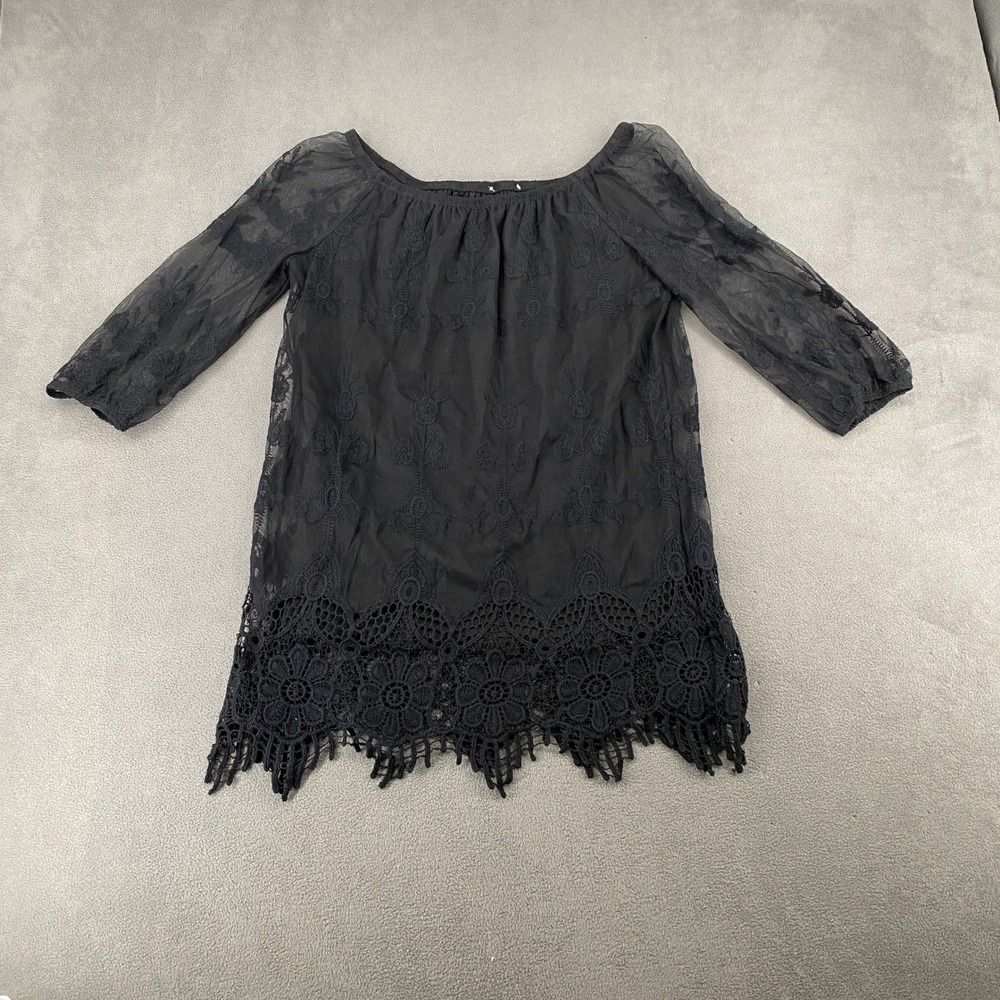 Black Lace Mesh Off Shoulder Top Crochet Floral Hem Y2K Boho 25H78052Y